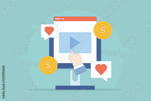 Video Content Marketing Concept, Make money from content creation, Social media video content creators make money online. video influencer. flat vector illustration on background.