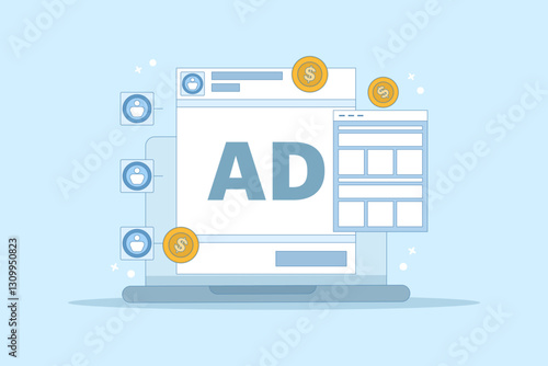 Social media advertising concept sending traffic to website, social media web traffic campaign, social media ads generate sales. Digital advertising campaign. Flat vector illustration on background.