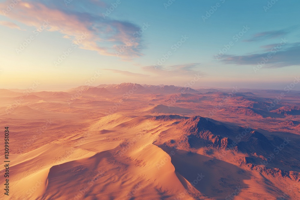 Cinematic desert landscape with golden sand dunes under a warm sunset glow creating a tranquil and ethereal panoramic vista Cinematic desert landscape with golden sand dunes under a warm sunset glow creating a tranquil and ethereal panoramic vista