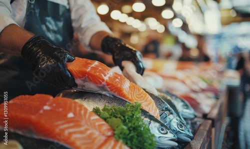 Fresh seafood display with vendor handling salmon.