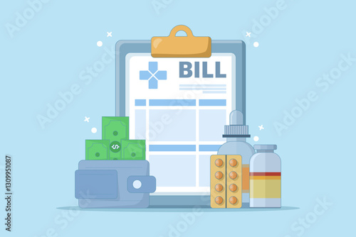 Hospital bill concept, invoice service fee, money wallet, medicine bottle or pills. Hospital Medical Billing Service with Health Form for Hospitalization or Treatment.