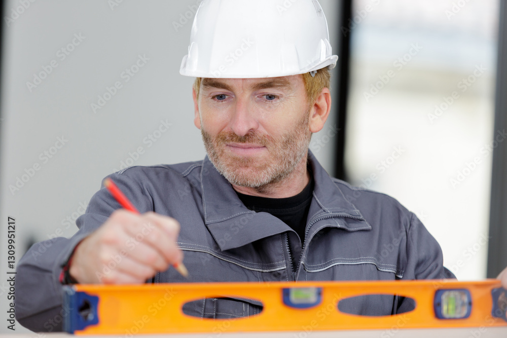 builder using bubble level at construction site builder using bubble level at construction site