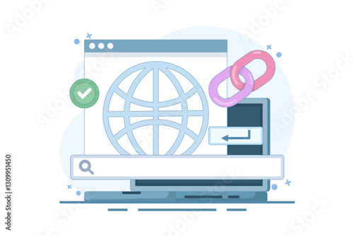 secure link concept. secure website address. user security in accessing website. surfing the internet safely. browsing. chain symbol and search bar. flat style design illustration in background.