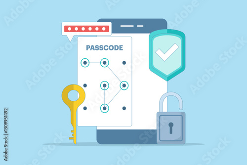 Lock screen concept set input passcode on smartphone screen with password protection padlock. Data protection, internet security and cyber security. Flat vector illustration on background.