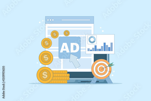 pay per click concept. online advertising where advertisers pay each time their ads are clicked. click to earn money. computer monitor with cursor, coins and debit card. flat illustration.