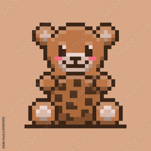 A pixel art illustration of a teddy bear embracing a large chocolate chip cookie. The pixelated style adds a nostalgic and retro feel.