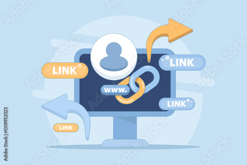 share link concept. send and spread link to others or friends. user security in accessing link, marketing, address, information, customers. account symbol and share link.