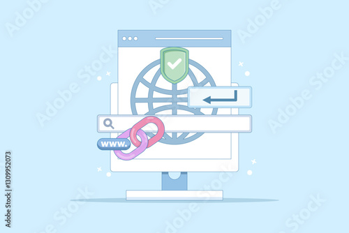 secure link concept. secure website address. user security in accessing website. surfing the internet safely. browsing. chain symbol and search bar. flat style design illustration in background.