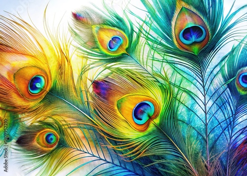 Abstract artistry; a whisper of peacock, fluid paint strokes, ethereal beauty.