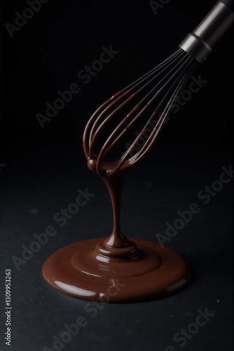 Close-up of melted dark chocolate dripping from a whisk onto a dark surface.