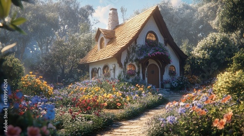 A charming cottage nestled in a blooming garden, evoking a whimsical, storybook feel --ar 16:9 --v 6.1 Job ID: 63f69a78-9a7c-4e70-aad2-18141f9289f7