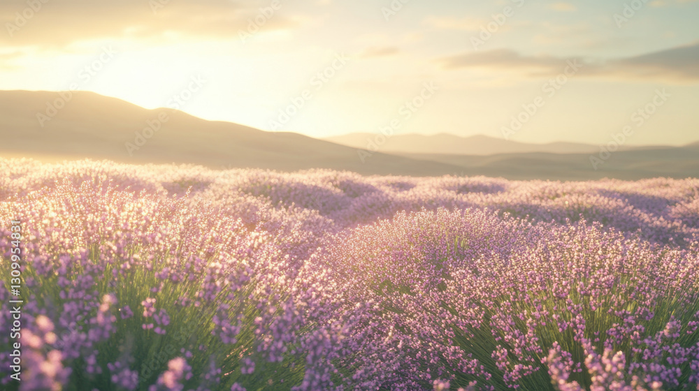 Obraz premium A vast lavender field in full bloom, delicate purple flowers stretching toward the horizon, bathed in warm golden hour light