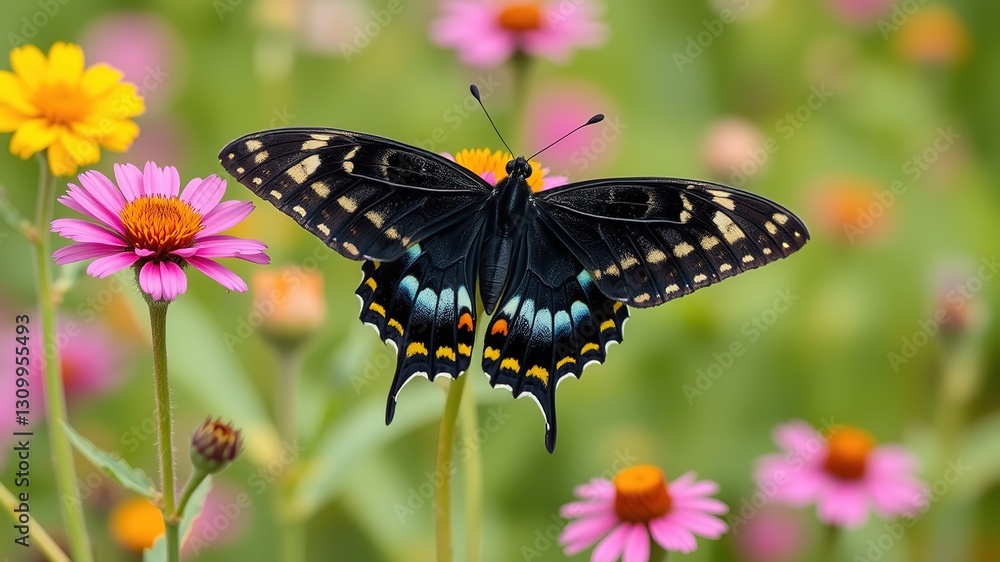 Naklejka premium Black Swallowtail Butterfly on a Summer Meadow