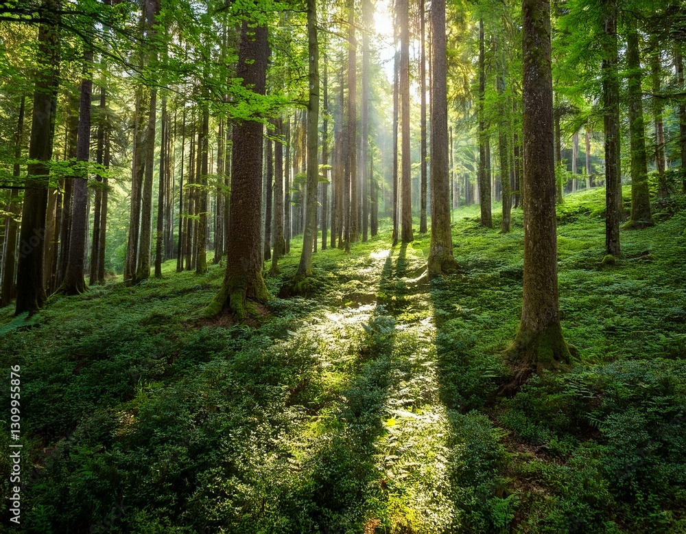 Obraz premium A lush forest with sunlight filtering through the trees