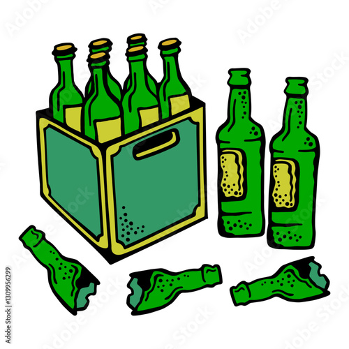 Vector color illustration of a collection of beer bottles, in a box and without, on a white isolated background