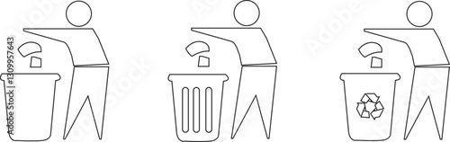 Tidy man man throw garbage in dustbin icons set keep clean, dispose of carefully and thoughtfully symbol isolated on white background. 