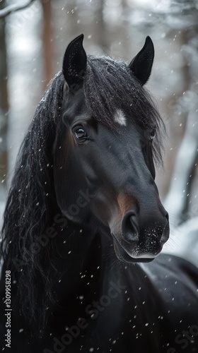 Majestic black horse standing calmly in a snowy forest during winter, surrounded by falling snowflakes and tall trees photo