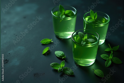 Wallpaper Mural Three glasses of green mint drink garnished with fresh mint leaves on a dark background. Torontodigital.ca
