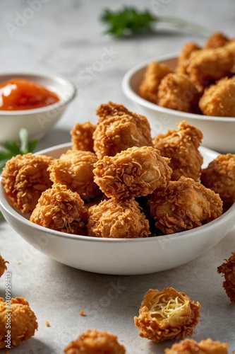 Crispy Chicken Nuggets in Bowl with Sauce