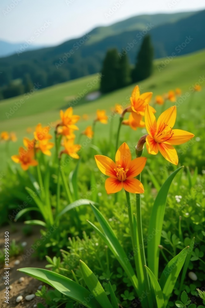 Obraz premium Fritillaria imperialis flowers blooming on a hillside, green meadow, orange yellow petals, imperial flowers