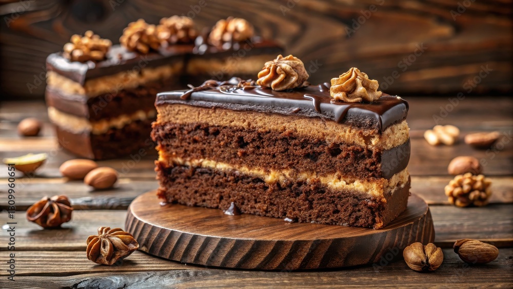 A slice of chocolate cake with a layer of cream and topped with a chocolate glaze and a swirl of frosting, displayed on a wooden platter surrounded by scattered nuts A slice of chocolate cake with a layer of cream and topped with a chocolate glaze and a swirl of frosting, displayed on a wooden platter surrounded by scattered nuts