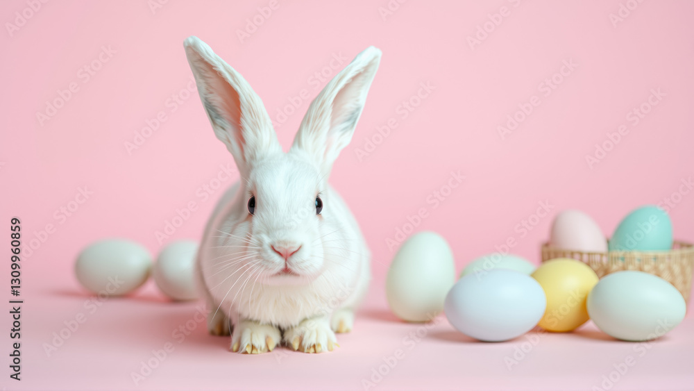 White fluffy rabbit sits on pink isolated background among colorful eggs White fluffy rabbit sits on pink isolated background among colorful eggs