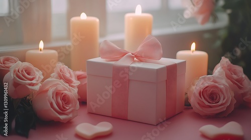 A pink gift box surrounded by roses and burning candles presents love