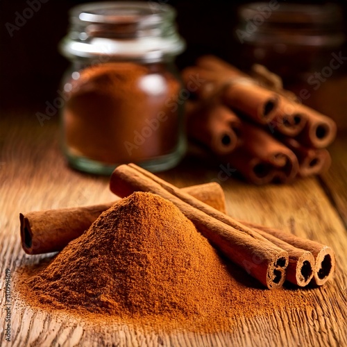 Cinnamon powder, sticks and glass jar in the background