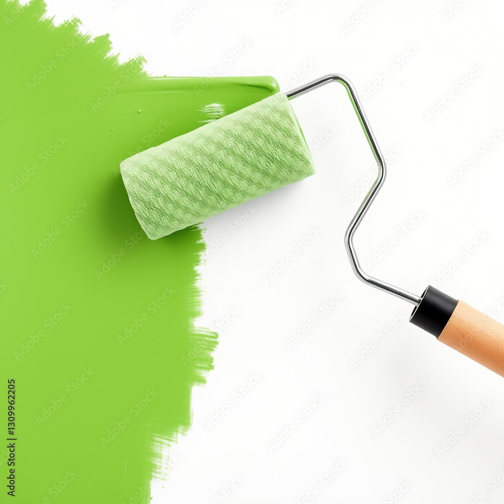 Obraz premium Green Paint Application on White Wall with Roller Brush