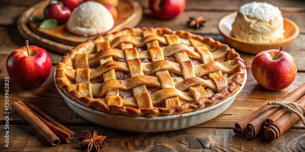 Fototapeta premium A Homemade Apple Pie with a Golden Crust, Baked to Perfection, Surrounded by Fresh Apples and Aromatic Cinnamon Sticks