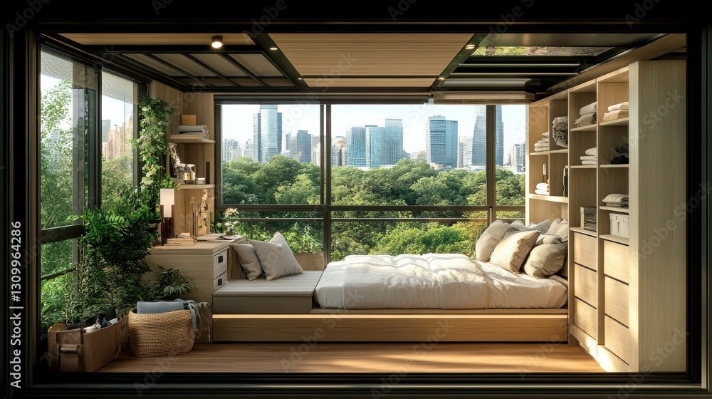 Fototapeta premium Urban Minimalist Bedroom with City View