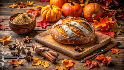 A rustic autumnal scene featuring a freshly baked loaf of bread, pumpkins, and fall leaves, with a hint of cinnamon and spice.