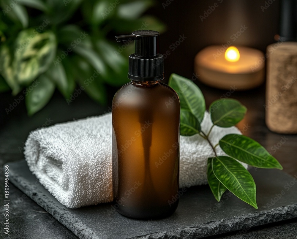 A bottle of lotion sits on a towel next to a candle. The bottle is made of glass and has a green leaf on it. The candle is lit and the towel is white. The scene creates a relaxing A bottle of lotion sits on a towel next to a candle. The bottle is made of glass and has a green leaf on it. The candle is lit and the towel is white. The scene creates a relaxing
