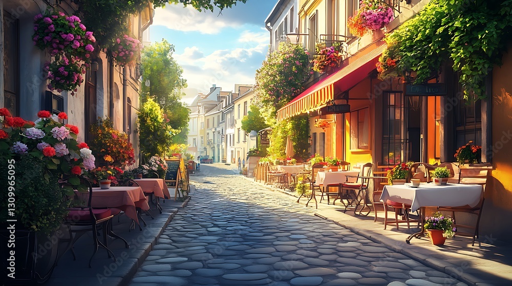 Fototapeta premium Sunny cobblestone street cafe, flowers, European city, tourism