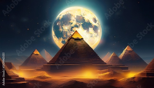Pyramids illuminate the desert landscape as a full moon casts mystical shadows at night.