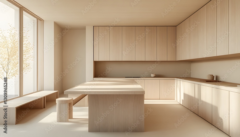 Fototapeta premium Minimalist Light Wood Kitchen Island Design