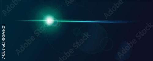Green sun shines on dark background. Sunlight effect overlay on night backdrop. Camera or lens flare. Shining laser light. Abstract pattern design.