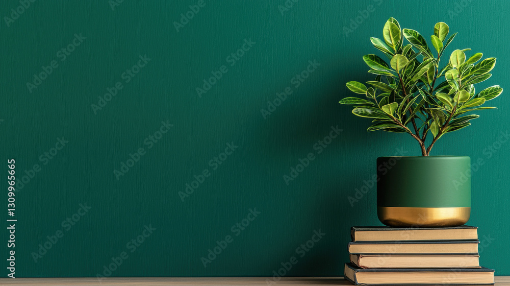 Potted plant resting on a stack of books creating a charming and inviting atmosphere in a cozy reading nook Potted plant resting on a stack of books creating a charming and inviting atmosphere in a cozy reading nook