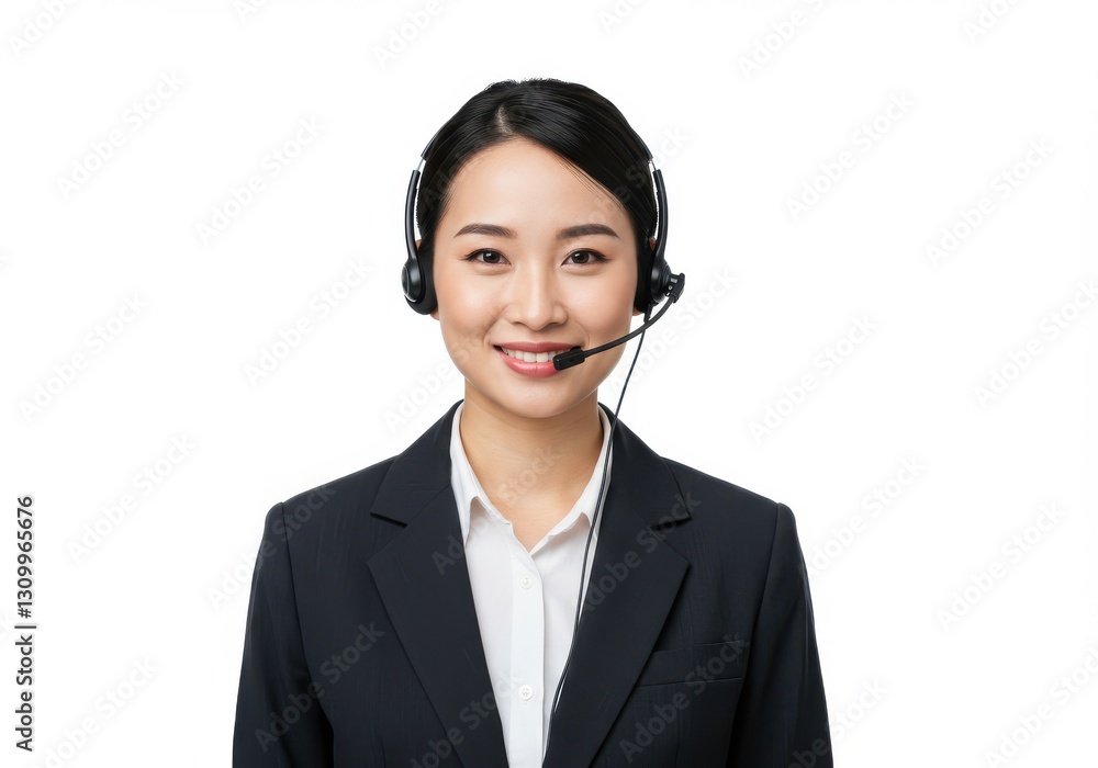 Asian woman customer service representative in professional attire with a friendly smile and headset for corporate communication and business concepts Asian woman customer service representative in professional attire with a friendly smile and headset for corporate communication and business concepts