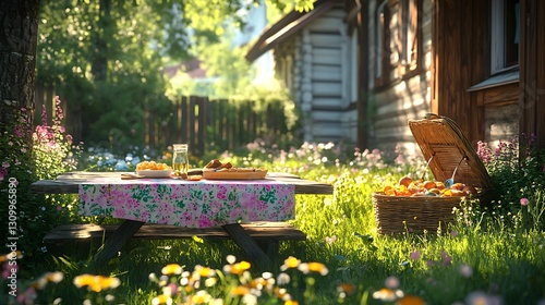 Sunny garden picnic table by rustic wooden house photo