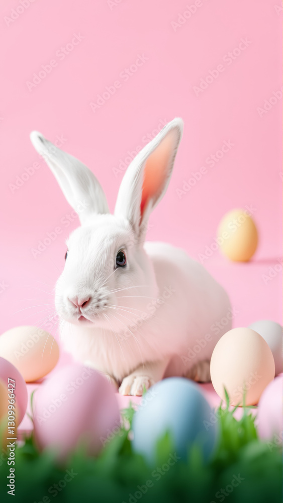 White fluffy rabbit sits on pink isolated background among colorful eggs White fluffy rabbit sits on pink isolated background among colorful eggs