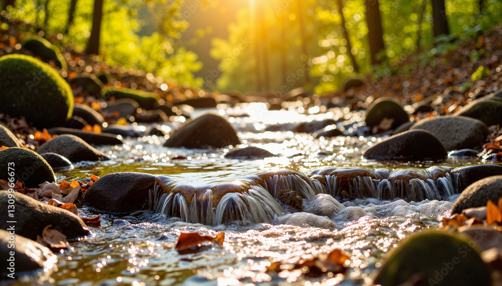 Fototapeta premium Sparkling creek flowing through vibrant forest at sunrise, natural beauty
