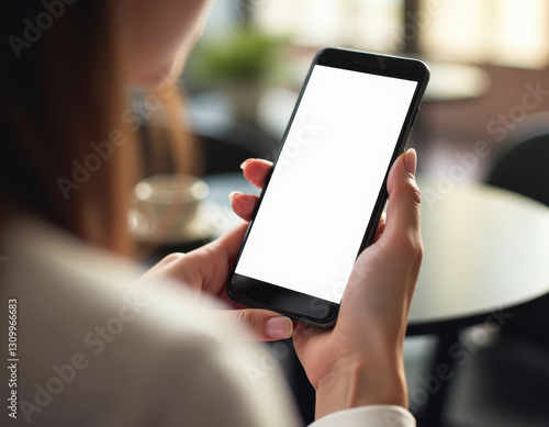 Holding a Smartphone with a Blank Screen in a Cozy Cafe