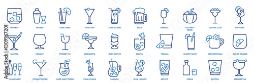 Beverage web blue line icons Set. Alcohol drinks icons. Beer, coffee, wine, cocktail, soda, bottle signs. Icons set for restaurant menu