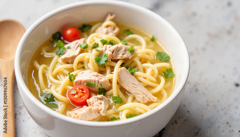 Classic chicken noodle soup in a white bowl, comfort food delight Classic chicken noodle soup in a white bowl, comfort food delight