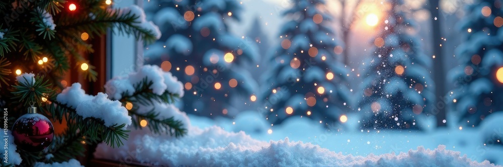 Sparkling snow falls on a frosty Christmas windowpane, snow, window, frosty windowpane Sparkling snow falls on a frosty Christmas windowpane, snow, window, frosty windowpane