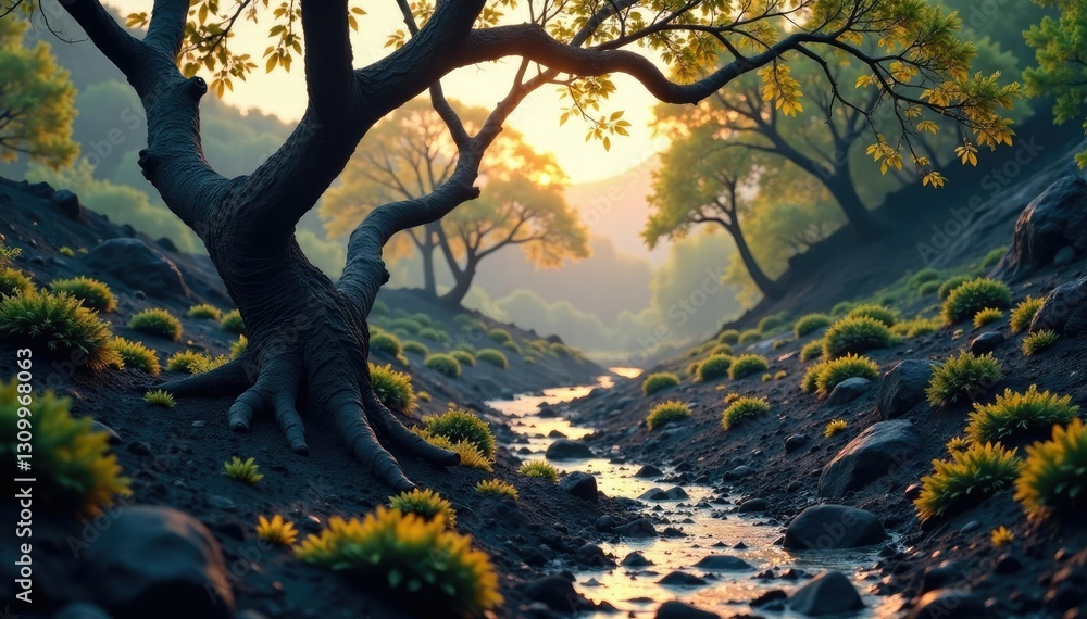 Twisted tree branches in muddy volcanic landscape,, mud Twisted tree branches in muddy volcanic landscape,, mud