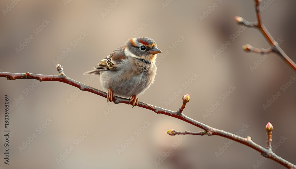 Fototapeta premium Adorable Sparrow Perched on a Budding Branch in a Soft Neutral Background