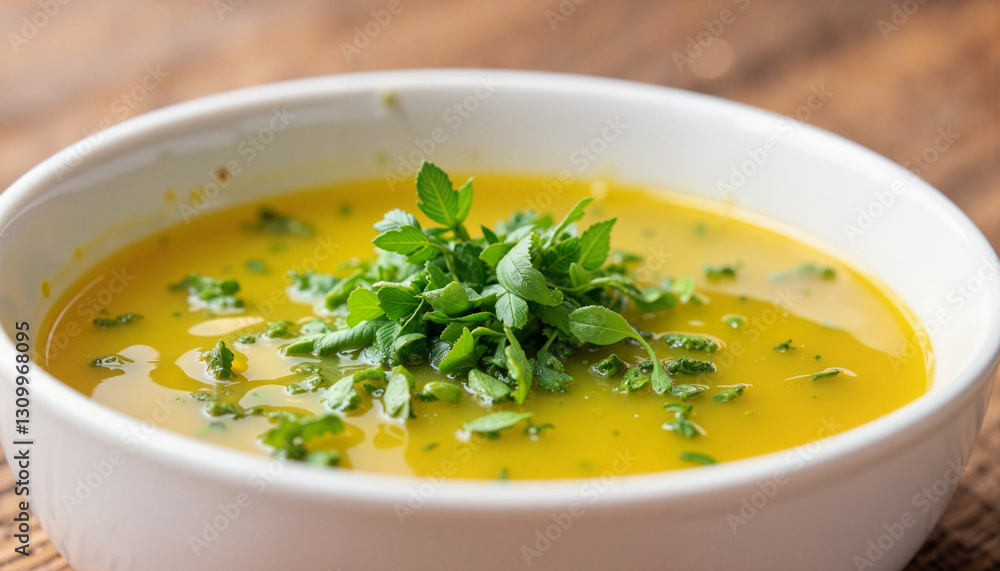 Fresh green herbs enhancing vibrant soup in bowl, culinary artistry Fresh green herbs enhancing vibrant soup in bowl, culinary artistry
