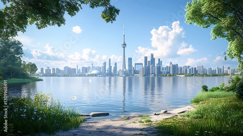 Sunny Toronto Skyline reflected on lake, framed by trees